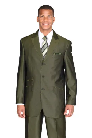 Mens 3 Button Classic Fit Tonal Sharkskin Peak Lapel Suit in Olive
