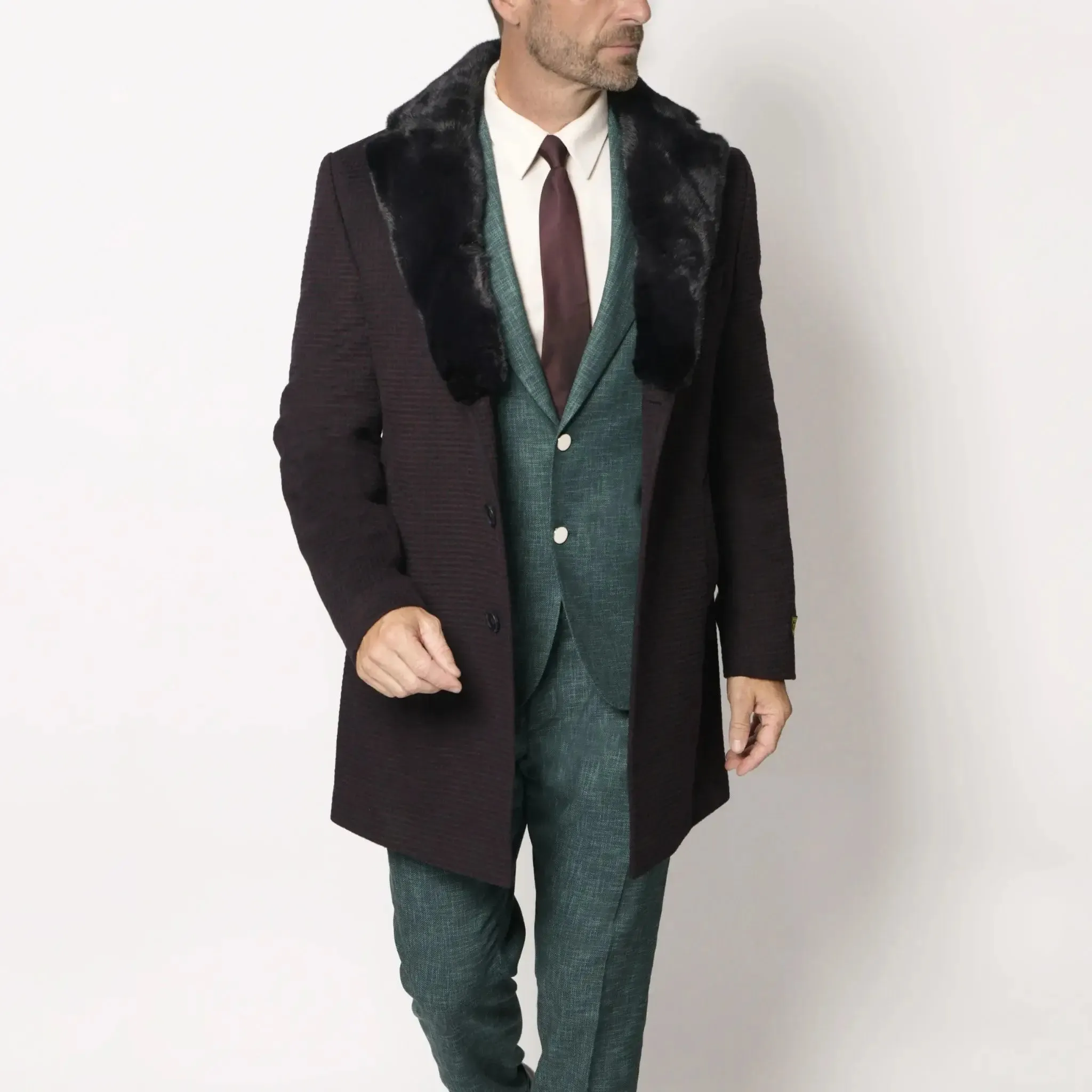 Men's Fur Collar Winter Coat Navy Blue and Burgundy