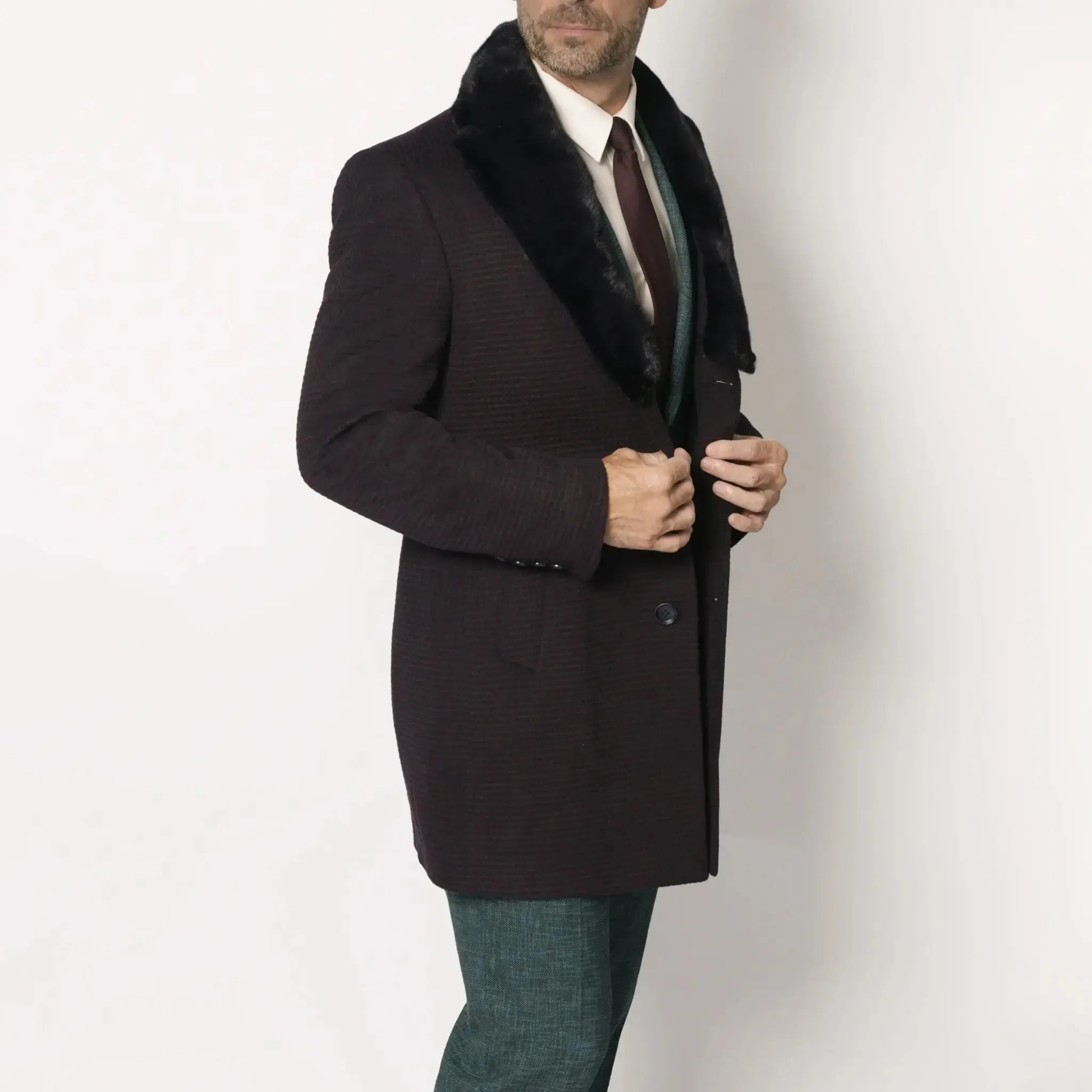 Men's Fur Collar Winter Coat Navy Blue and Burgundy