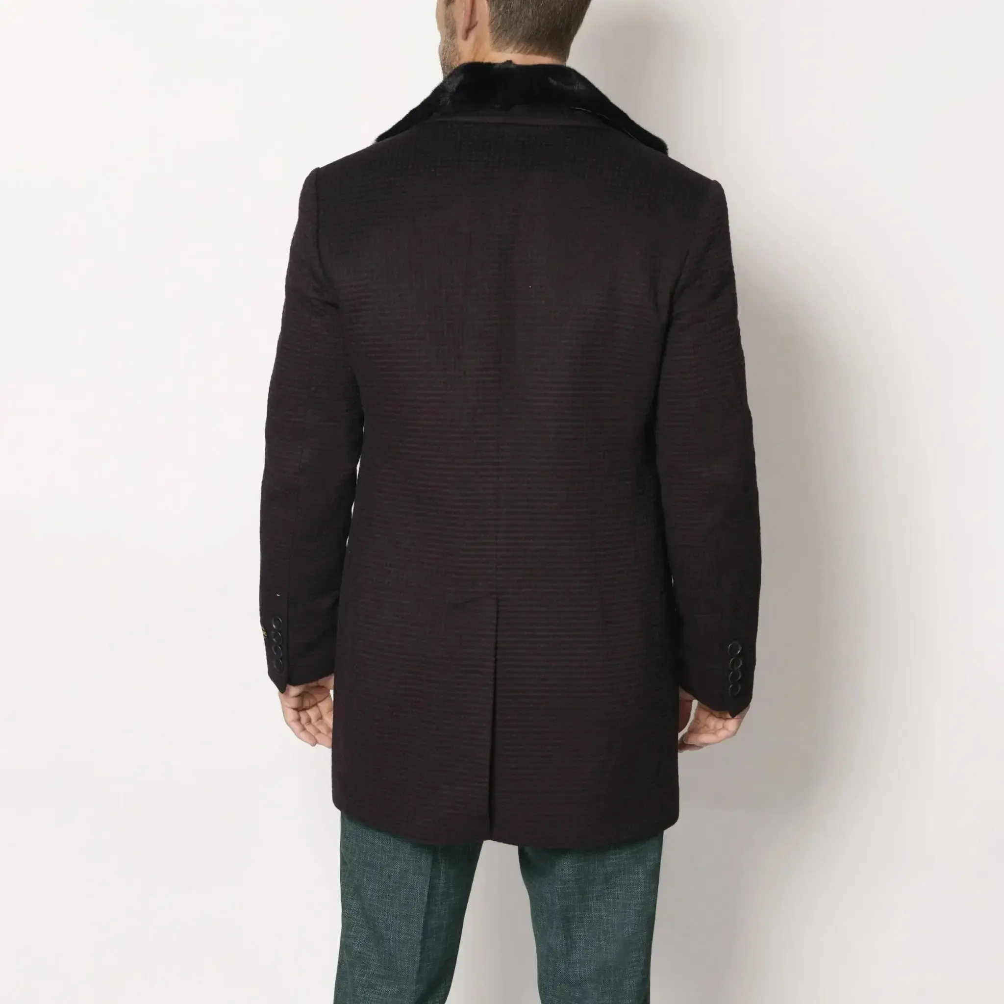 Men's Fur Collar Winter Coat Navy Blue and Burgundy