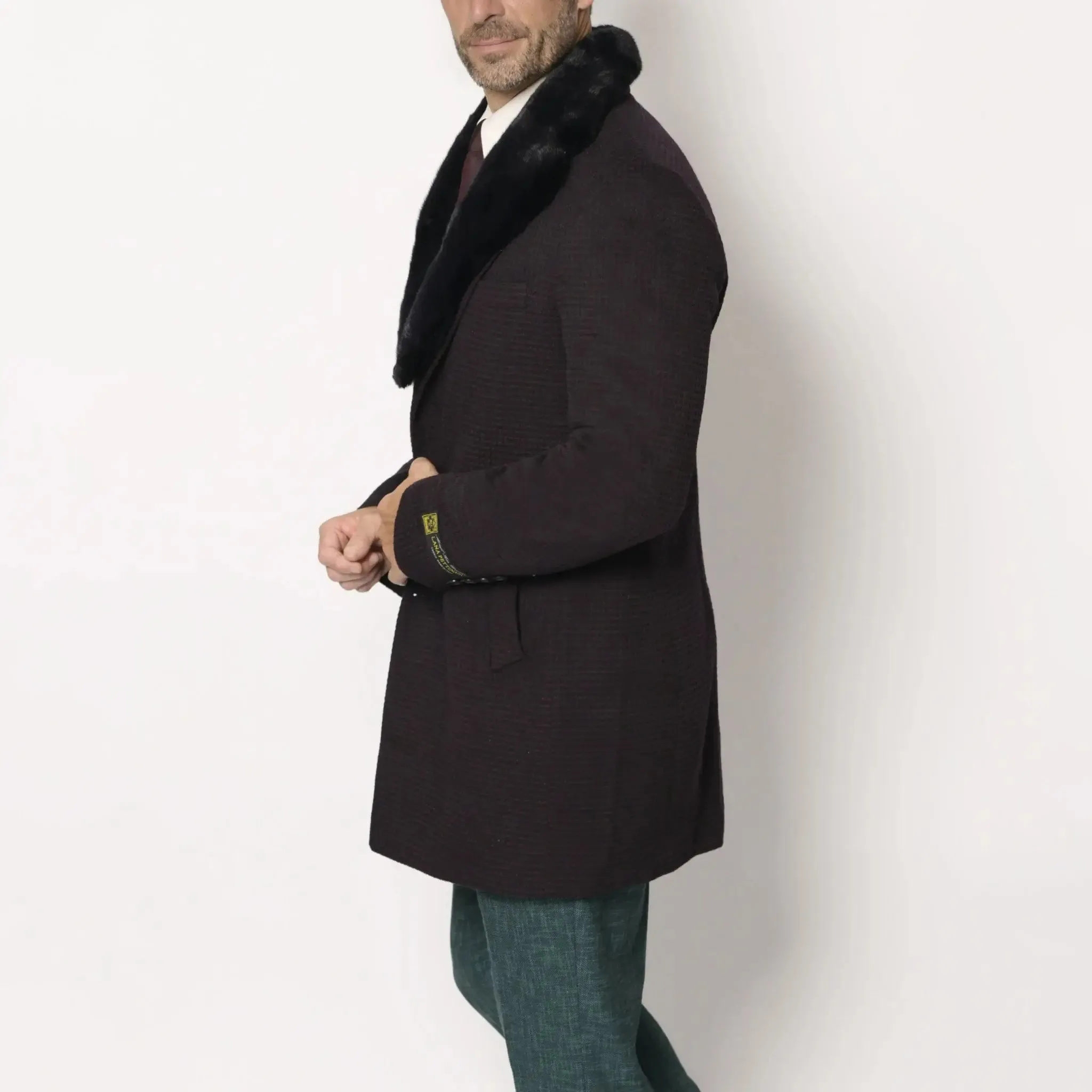 Men's Fur Collar Winter Coat Navy Blue and Burgundy
