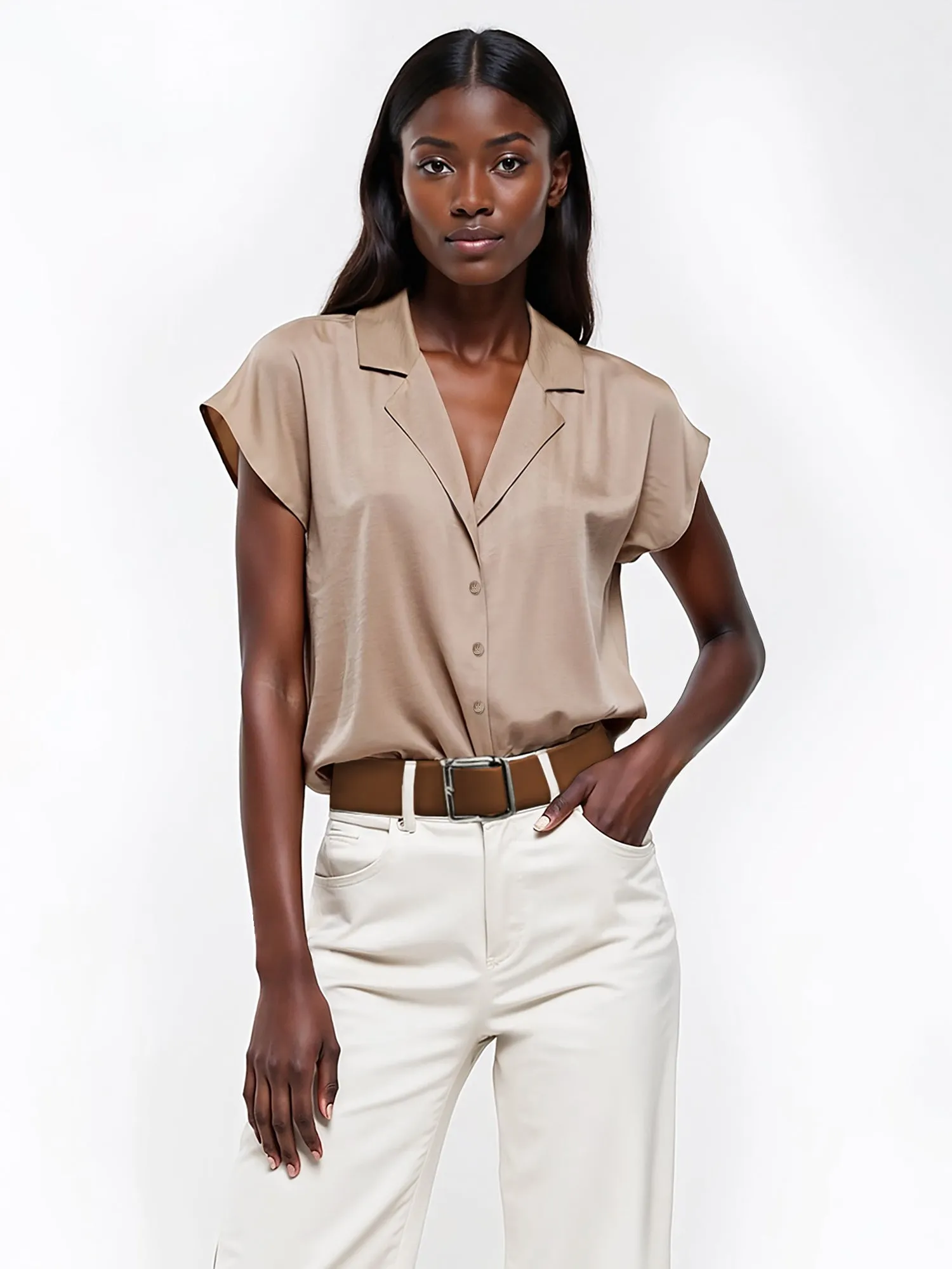 Notch Collar Woven Button Down Shirt