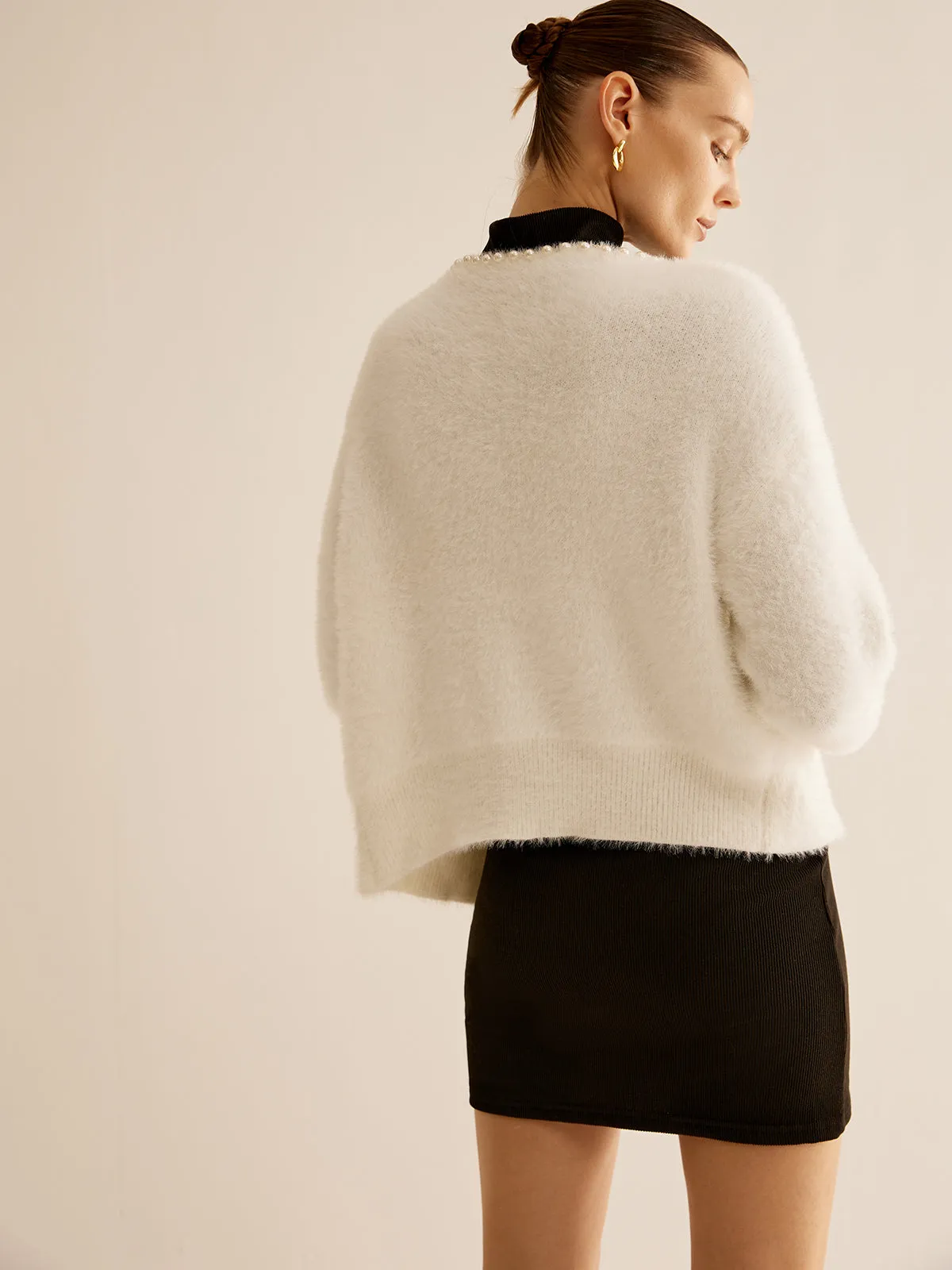Oversized  Pearl Trim Fuzzy Cardiagn