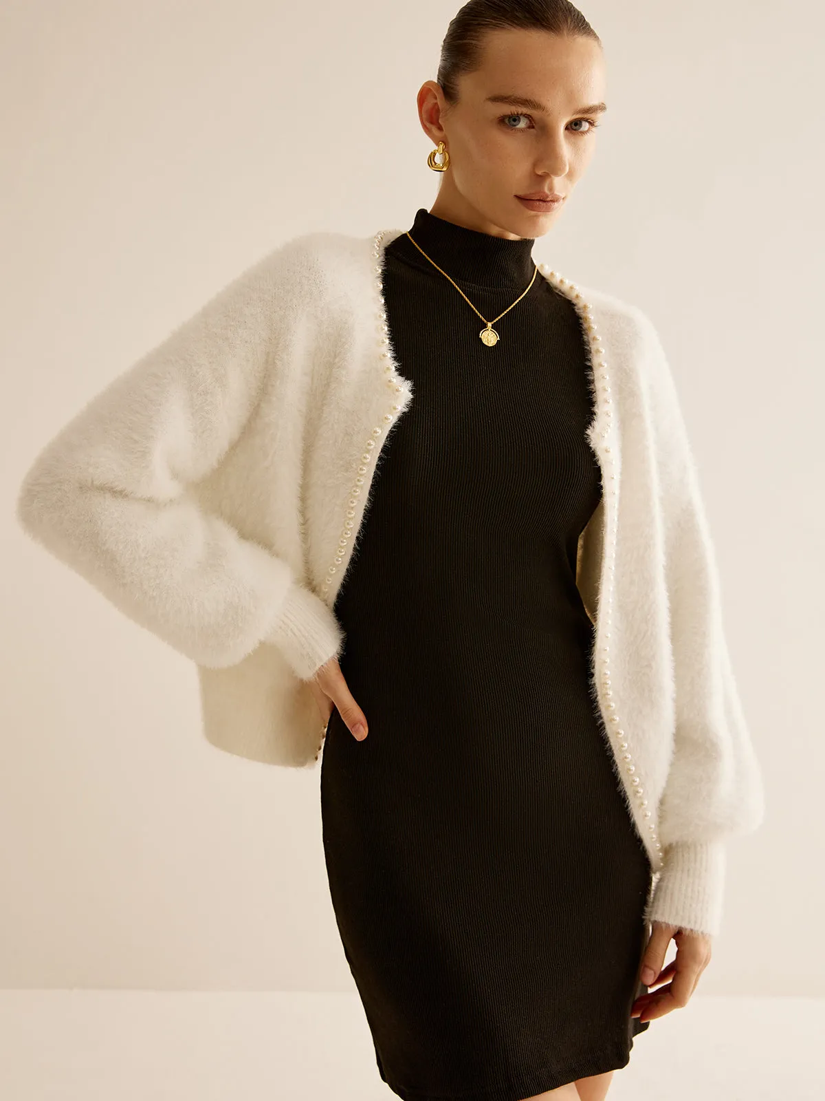 Oversized  Pearl Trim Fuzzy Cardiagn