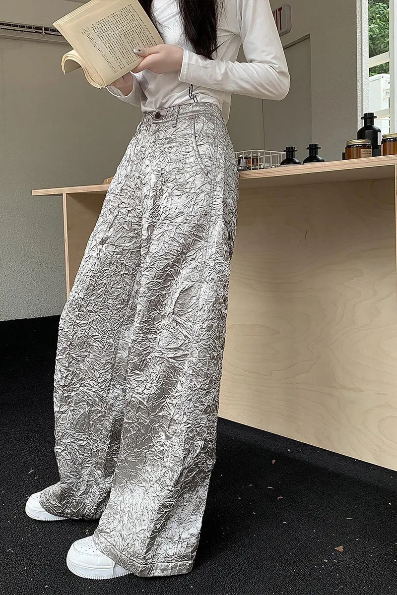 PK695 Silver Metallic Pleated Wide-Leg Pants