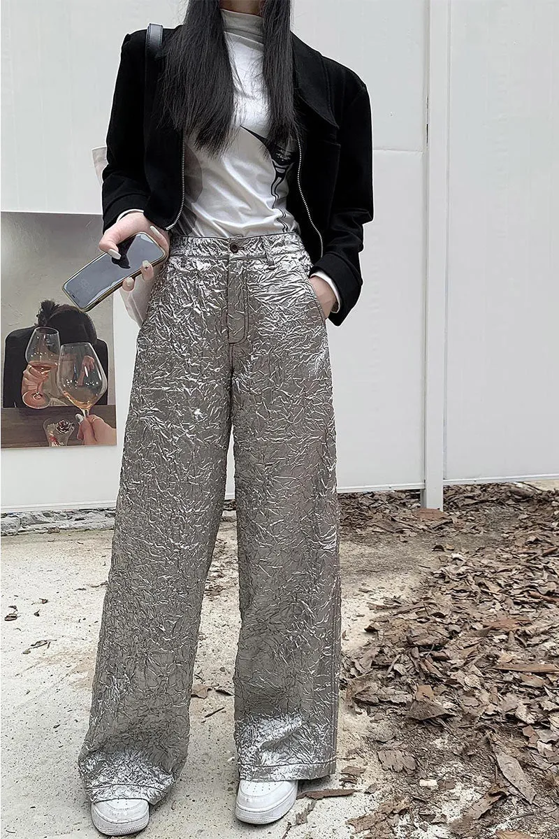 PK695 Silver Metallic Pleated Wide-Leg Pants