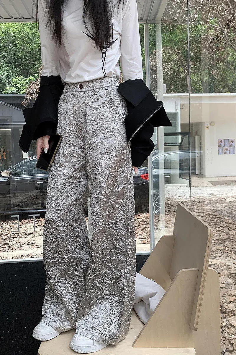 PK695 Silver Metallic Pleated Wide-Leg Pants