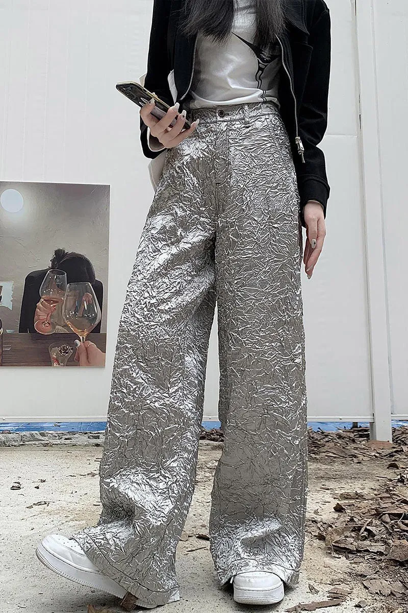 PK695 Silver Metallic Pleated Wide-Leg Pants