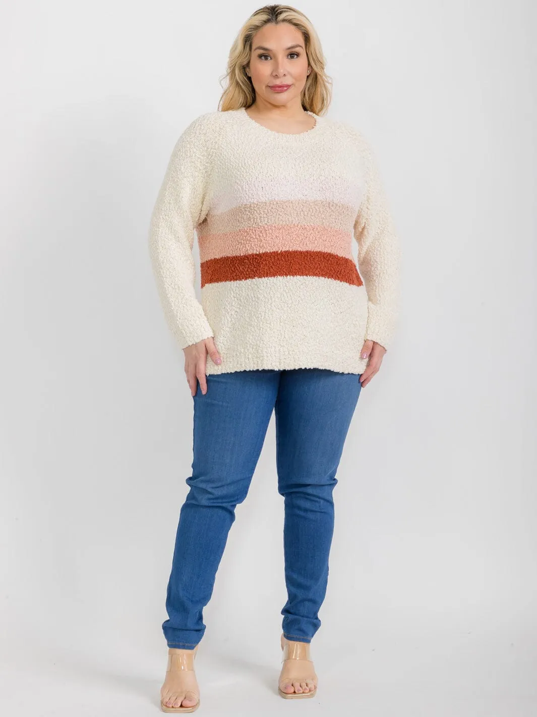 PLUS SIZE LONG SLEEVE COLORBLOCK STRIPES FUZZY PULLOVER SWEATER