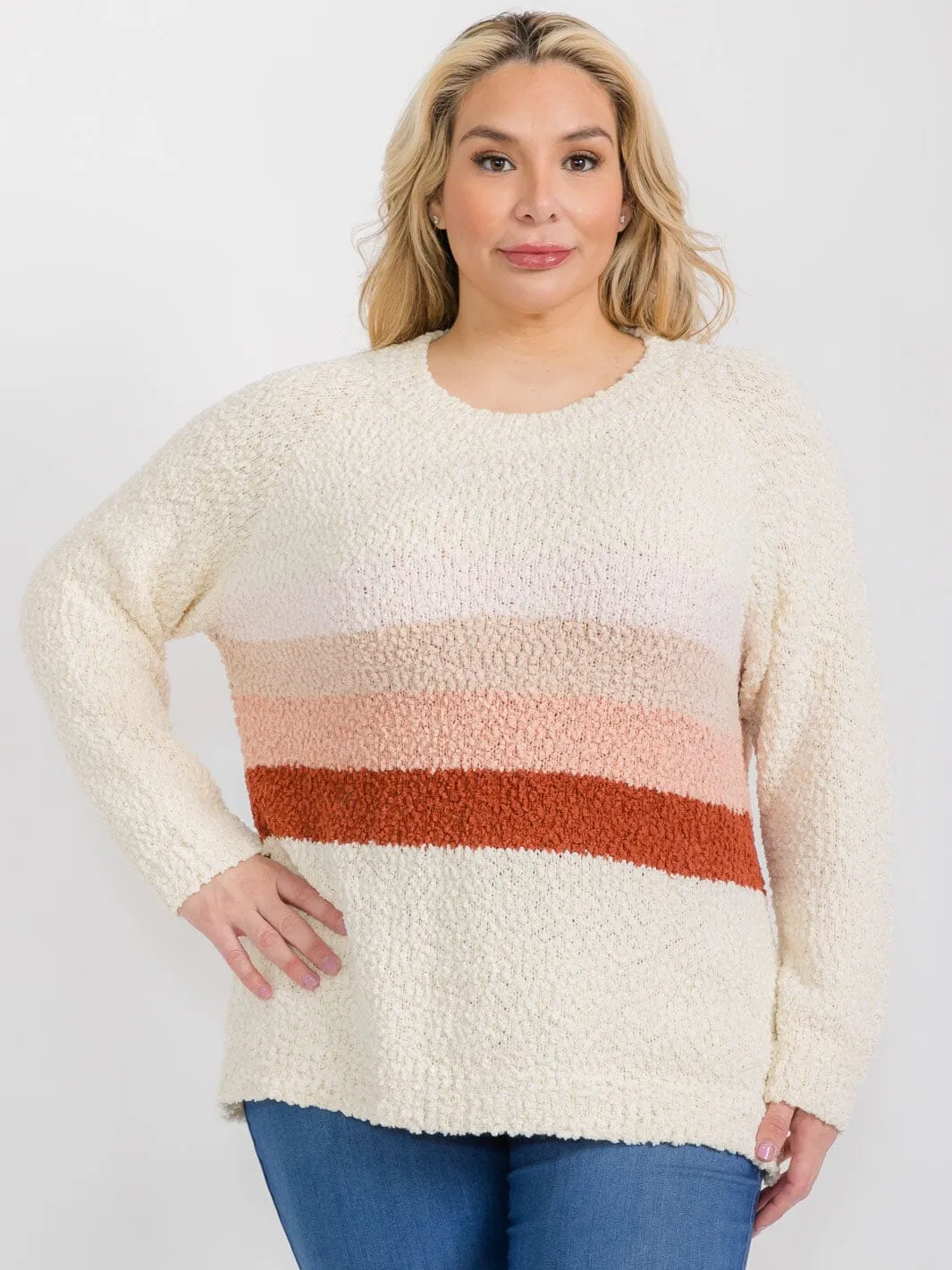 PLUS SIZE LONG SLEEVE COLORBLOCK STRIPES FUZZY PULLOVER SWEATER