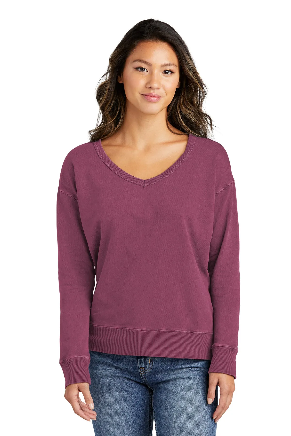 Port & Company Women's Beach Wash Garment-Dyed V-Neck Sweatshirt LPC098V Vintage Raspberry