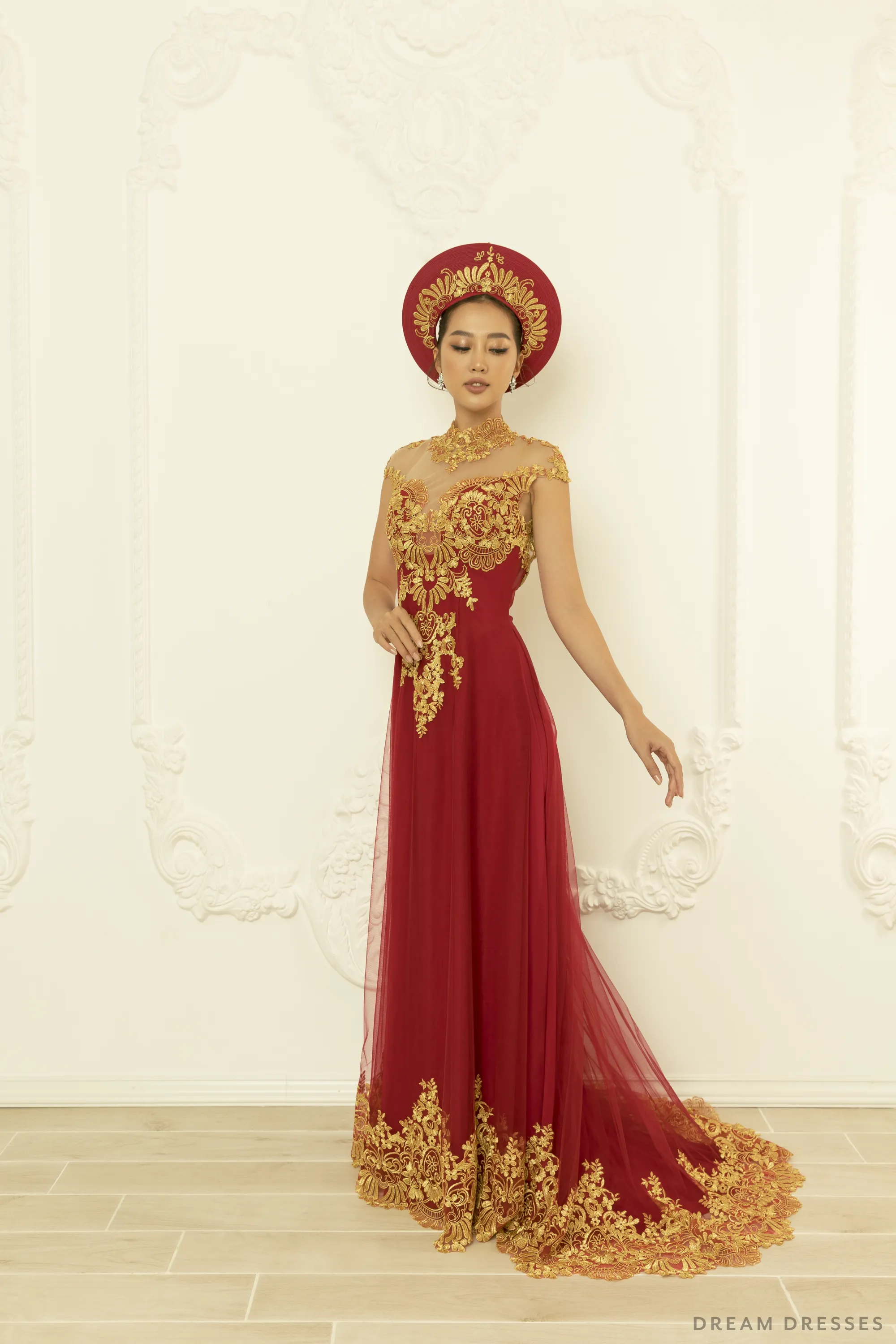 Red Bridal Ao Dai with Gold Lace | Vietnamese Bridal Dress (#NELLY)