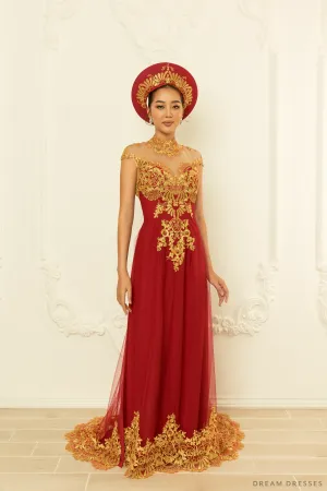Red Bridal Ao Dai with Gold Lace | Vietnamese Bridal Dress (#NELLY)