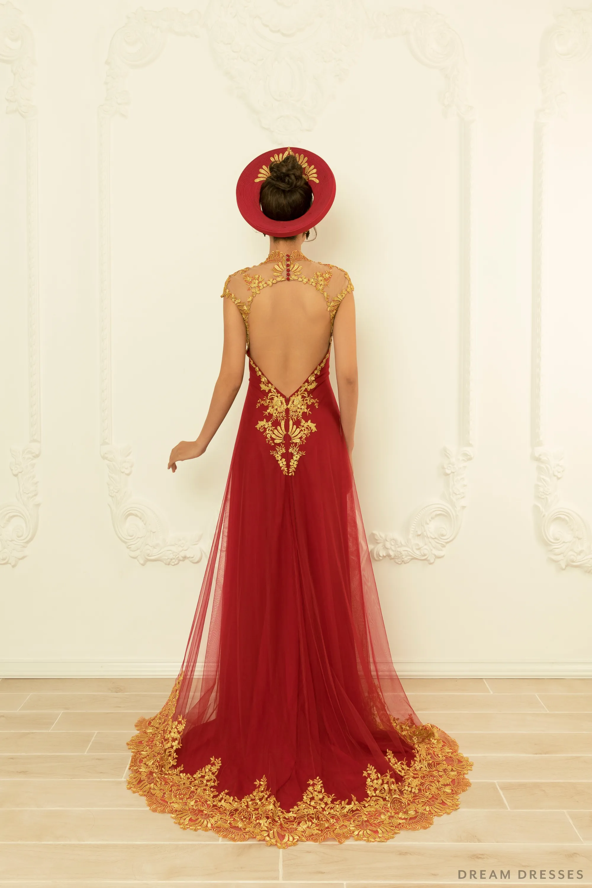 Red Bridal Ao Dai with Gold Lace | Vietnamese Bridal Dress (#NELLY)