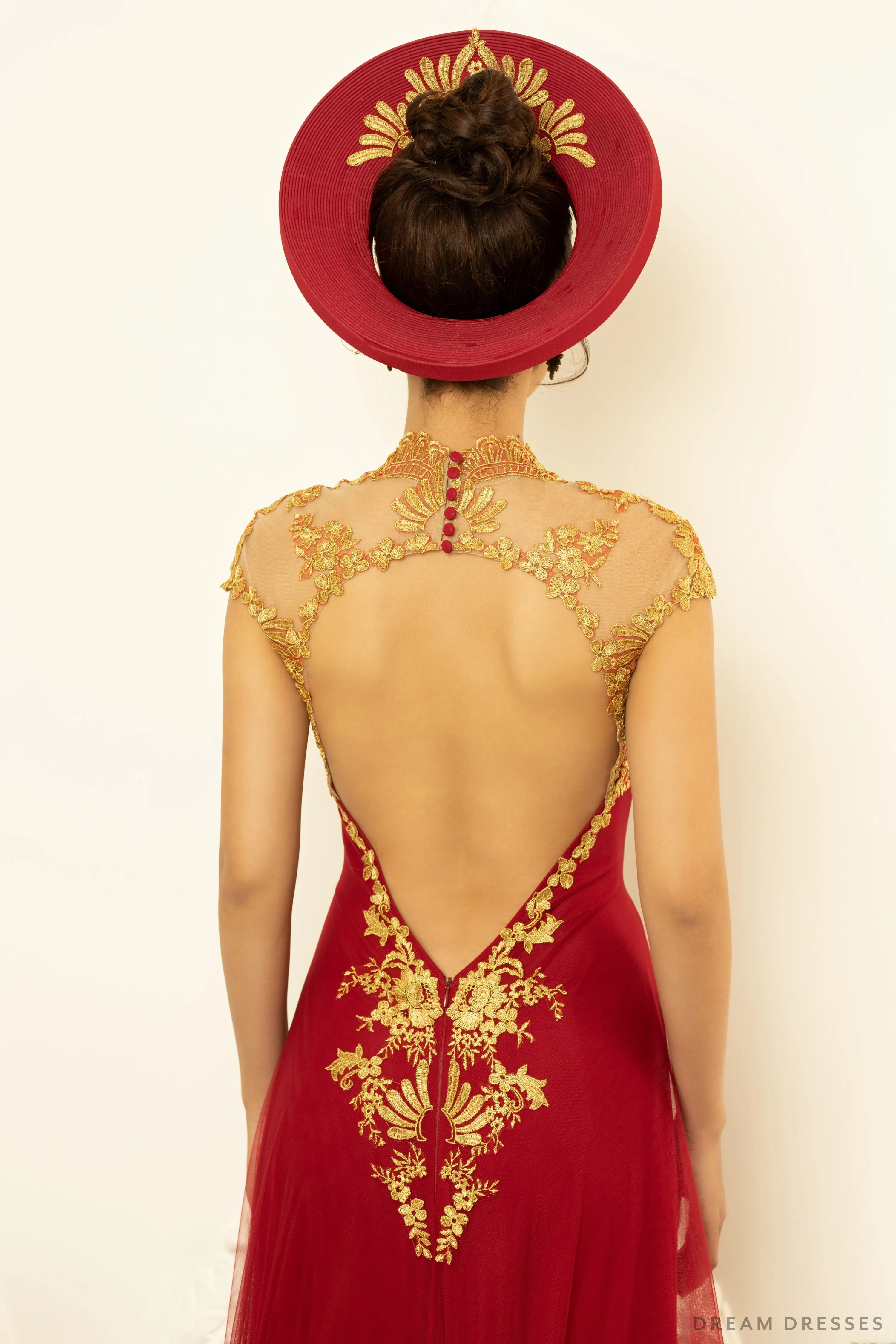 Red Bridal Ao Dai with Gold Lace | Vietnamese Bridal Dress (#NELLY)
