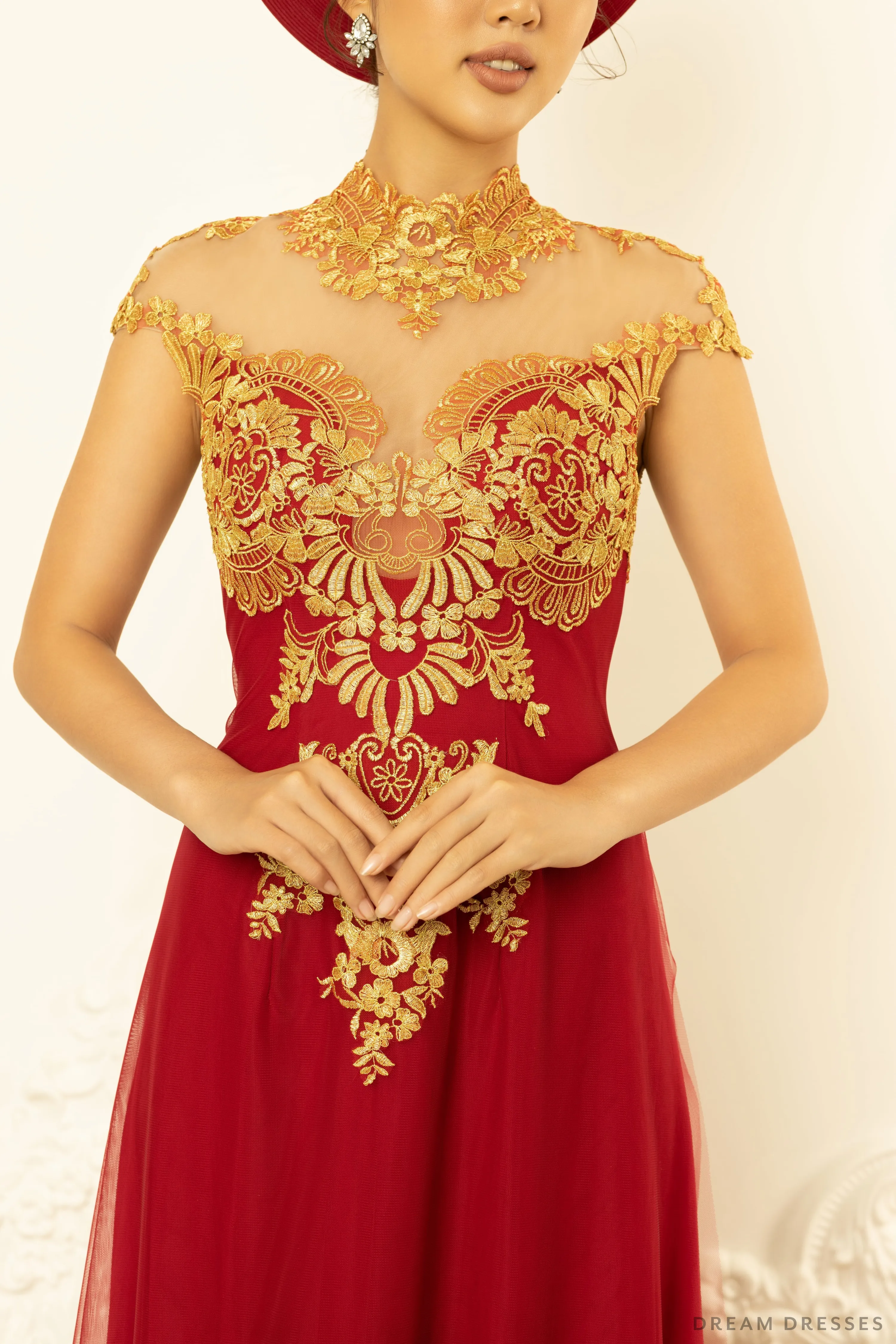 Red Bridal Ao Dai with Gold Lace | Vietnamese Bridal Dress (#NELLY)