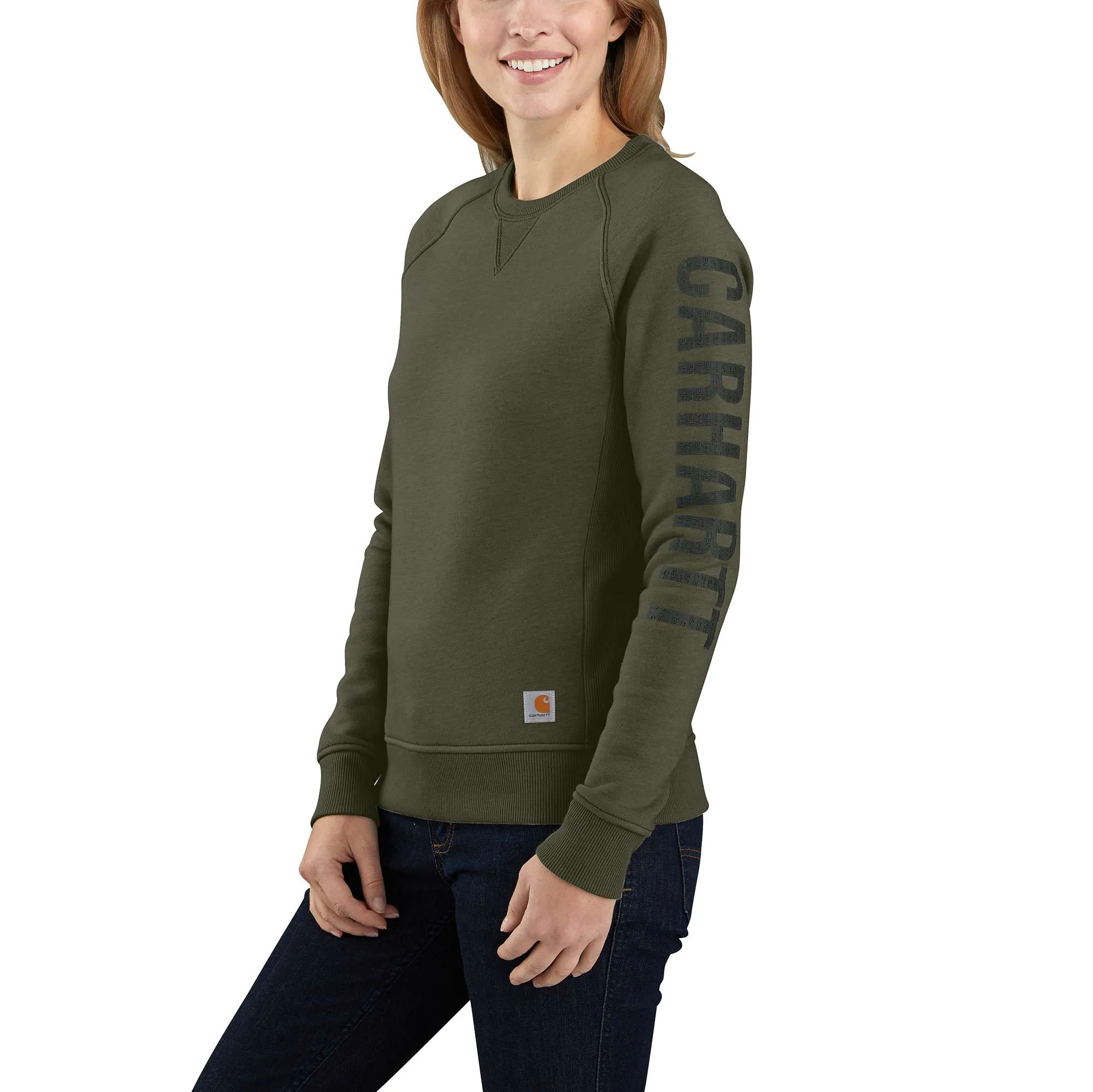 Relaxed Fit Midweight Crewneck Block Logo Sleeve Graphic Sweatshirt