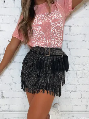 Rhinestone Fringe Mini Skirt- Black