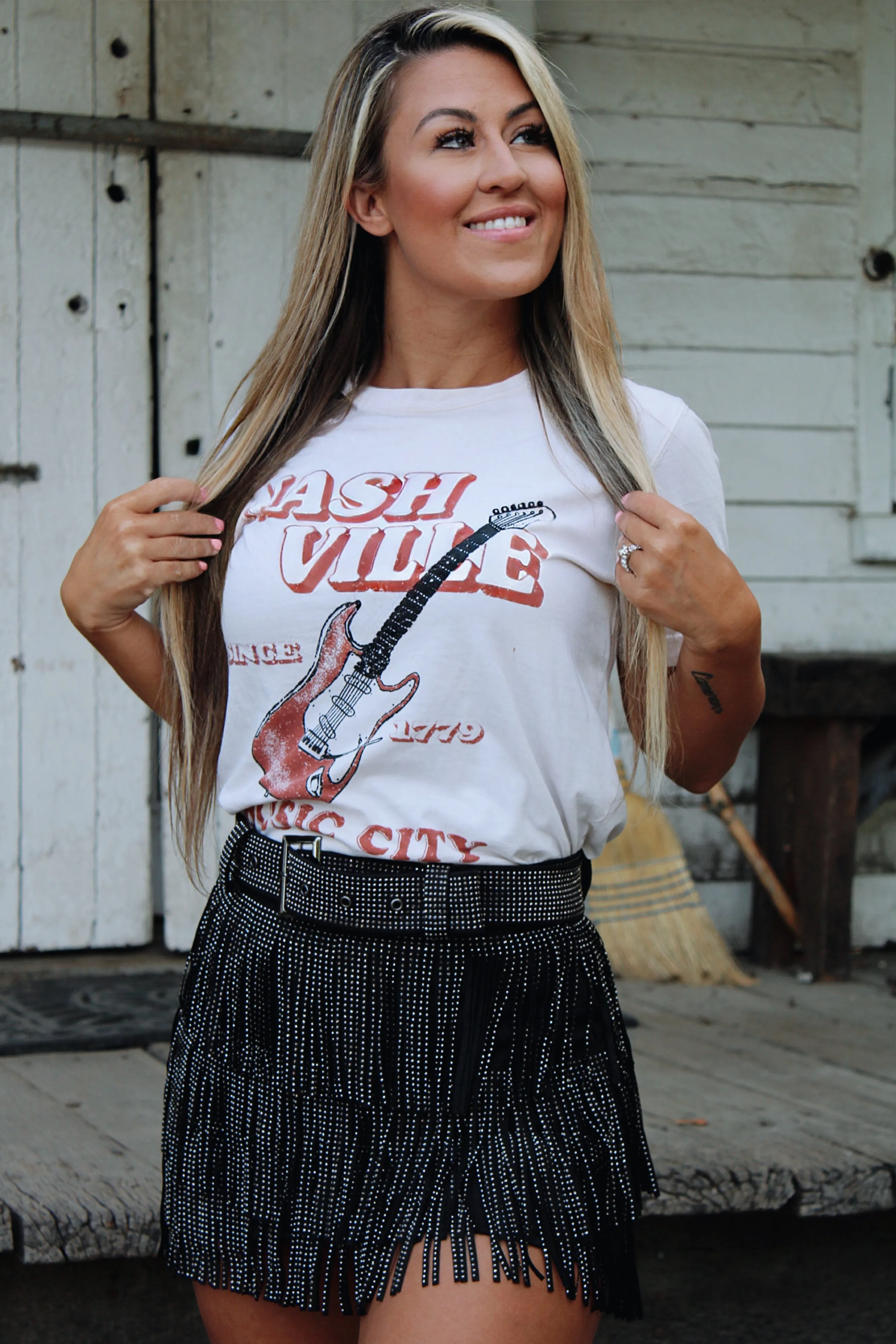 Rhinestone Fringe Mini Skirt- Black