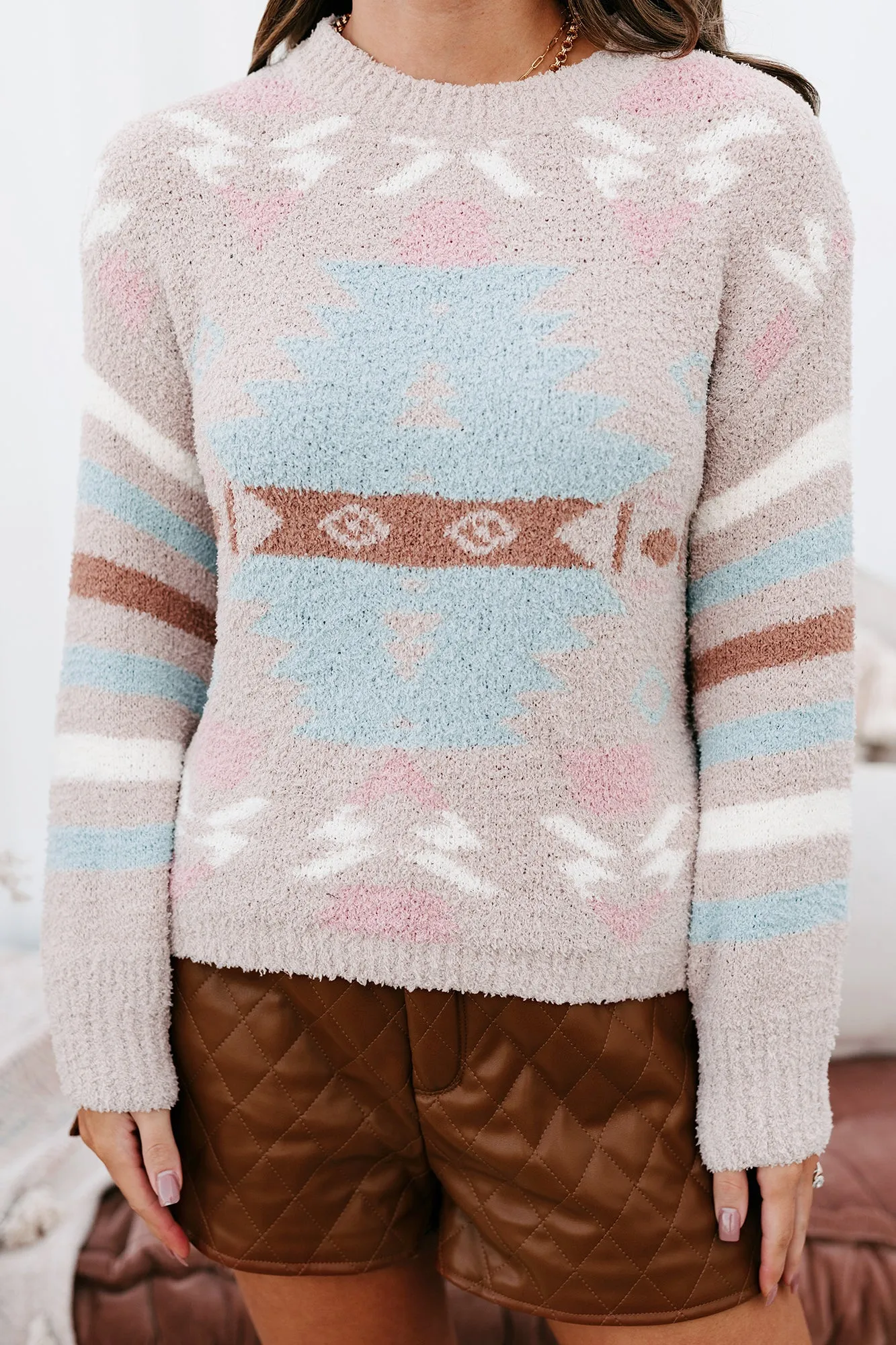 River City Fuzzy Aztec Print Sweater (Beige)