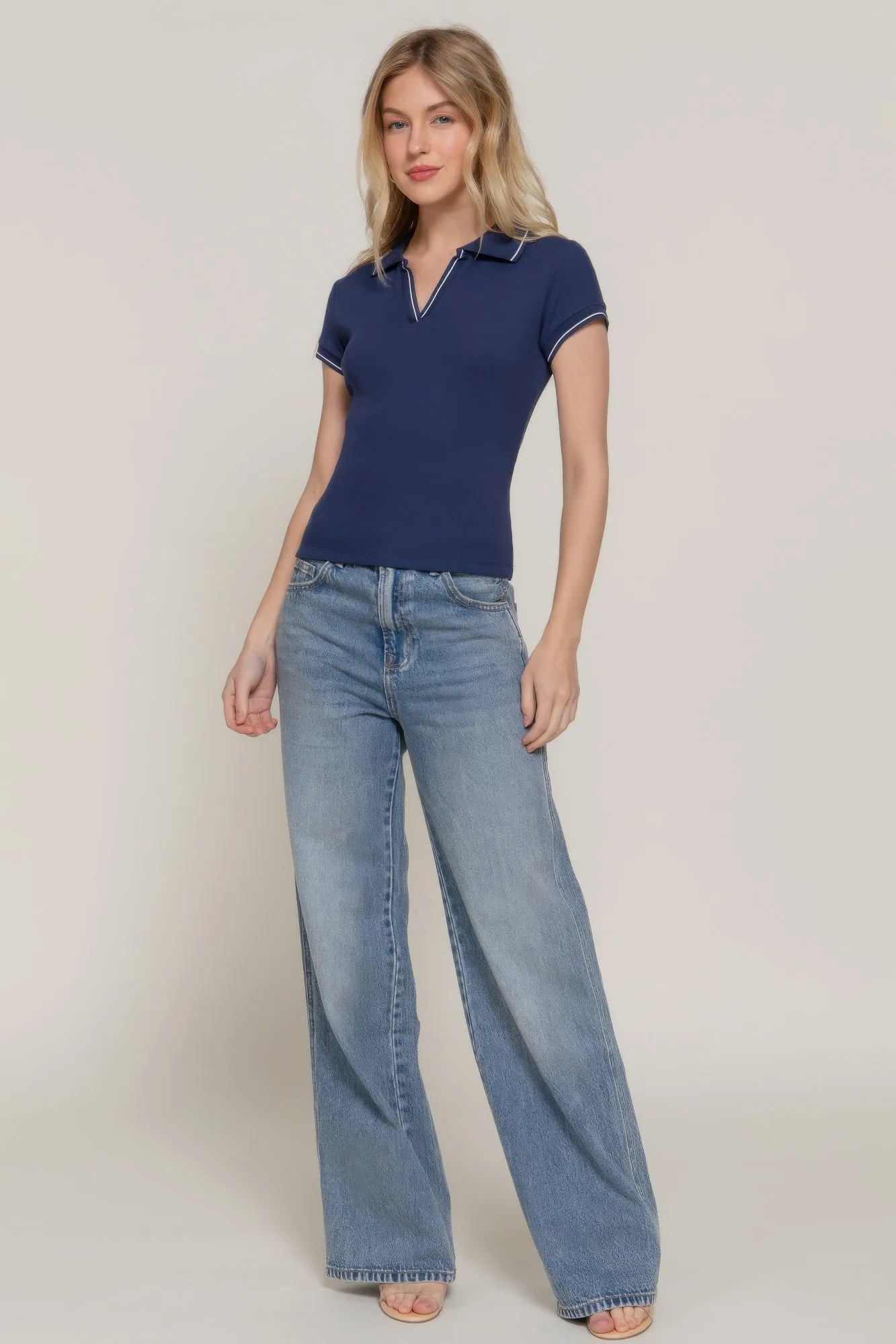 Short Slv Line Detail Polo Rib Knit Top