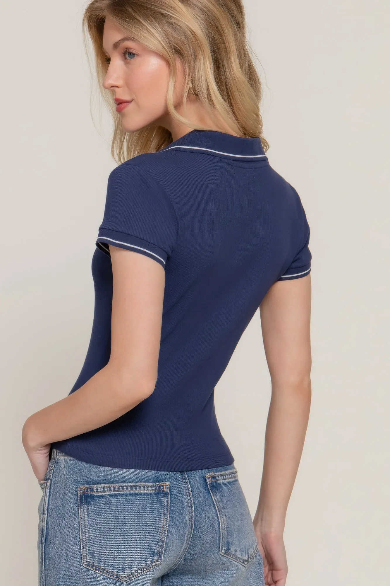 Short Slv Line Detail Polo Rib Knit Top