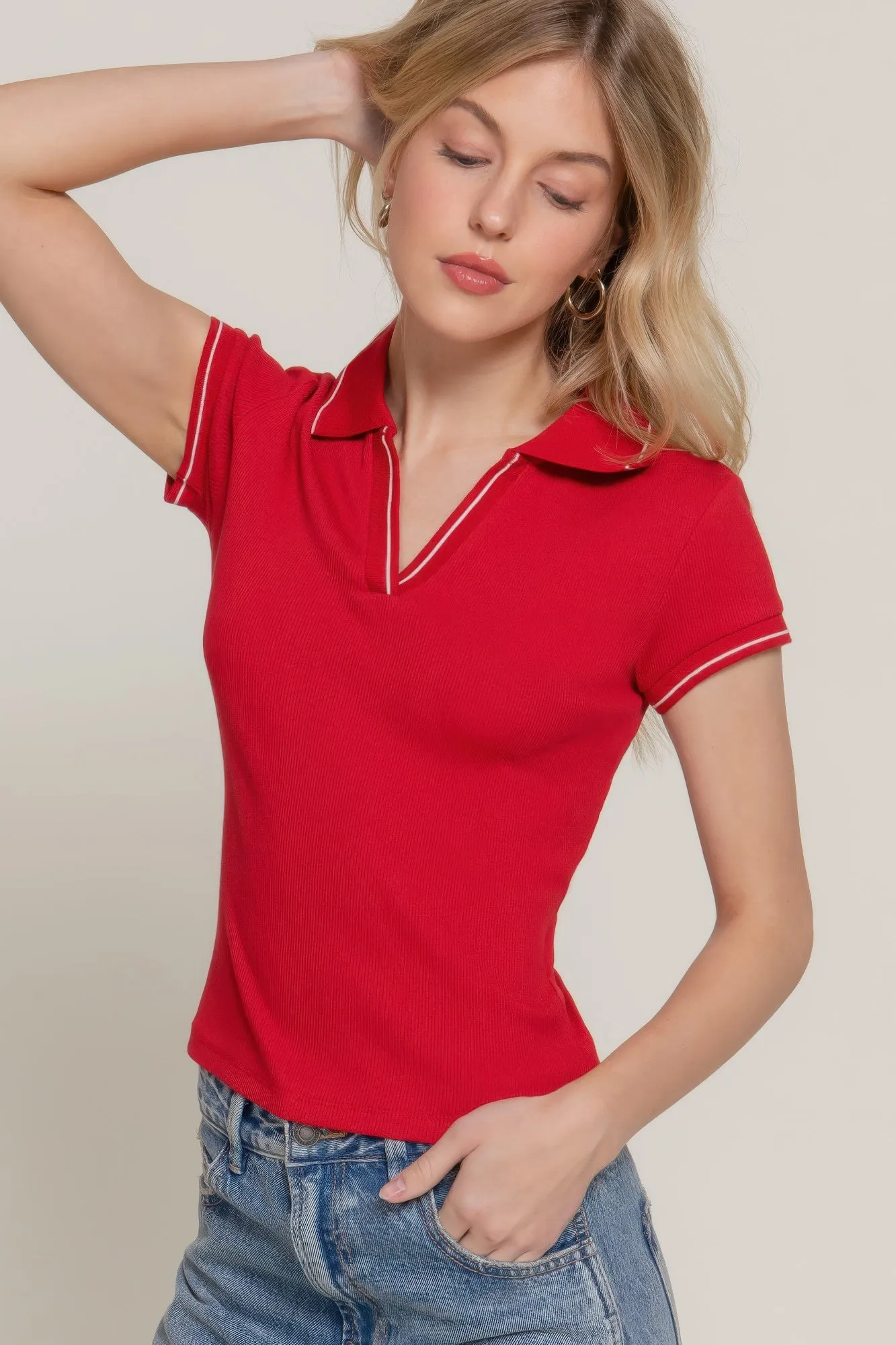 Short Slv Line Detail Polo Rib Knit Top