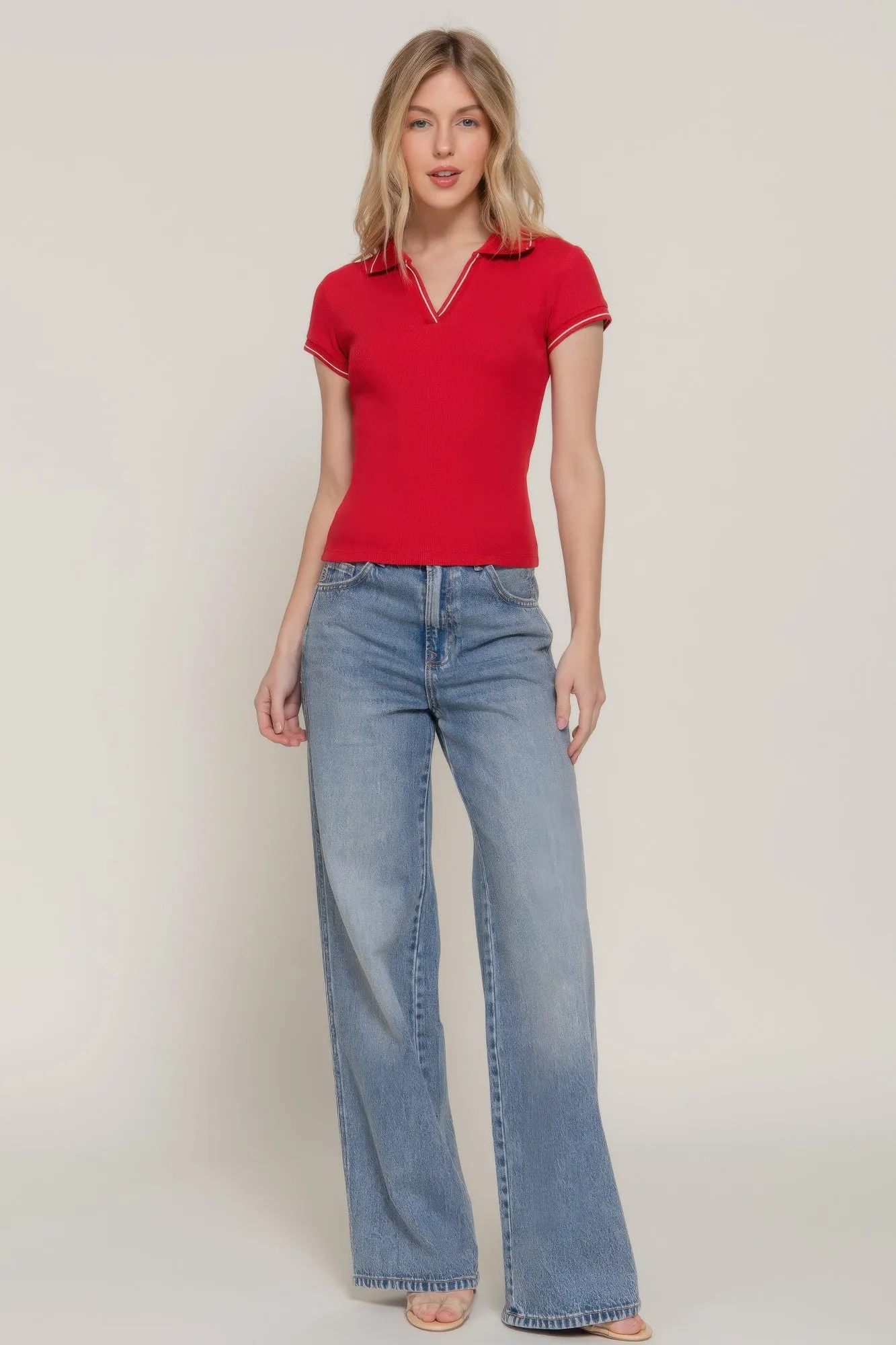 Short Slv Line Detail Polo Rib Knit Top