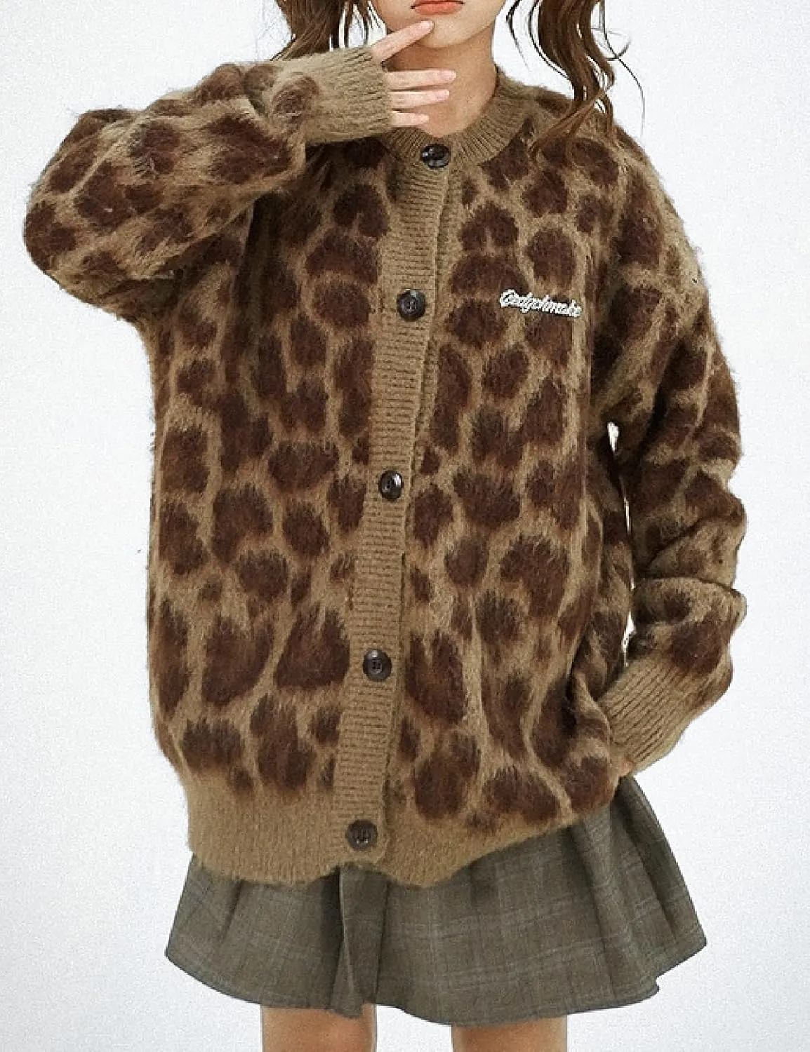 SILENT VORTEX Leopard Print Down Long Sleeve Fuzzy Cardigan Sweaters