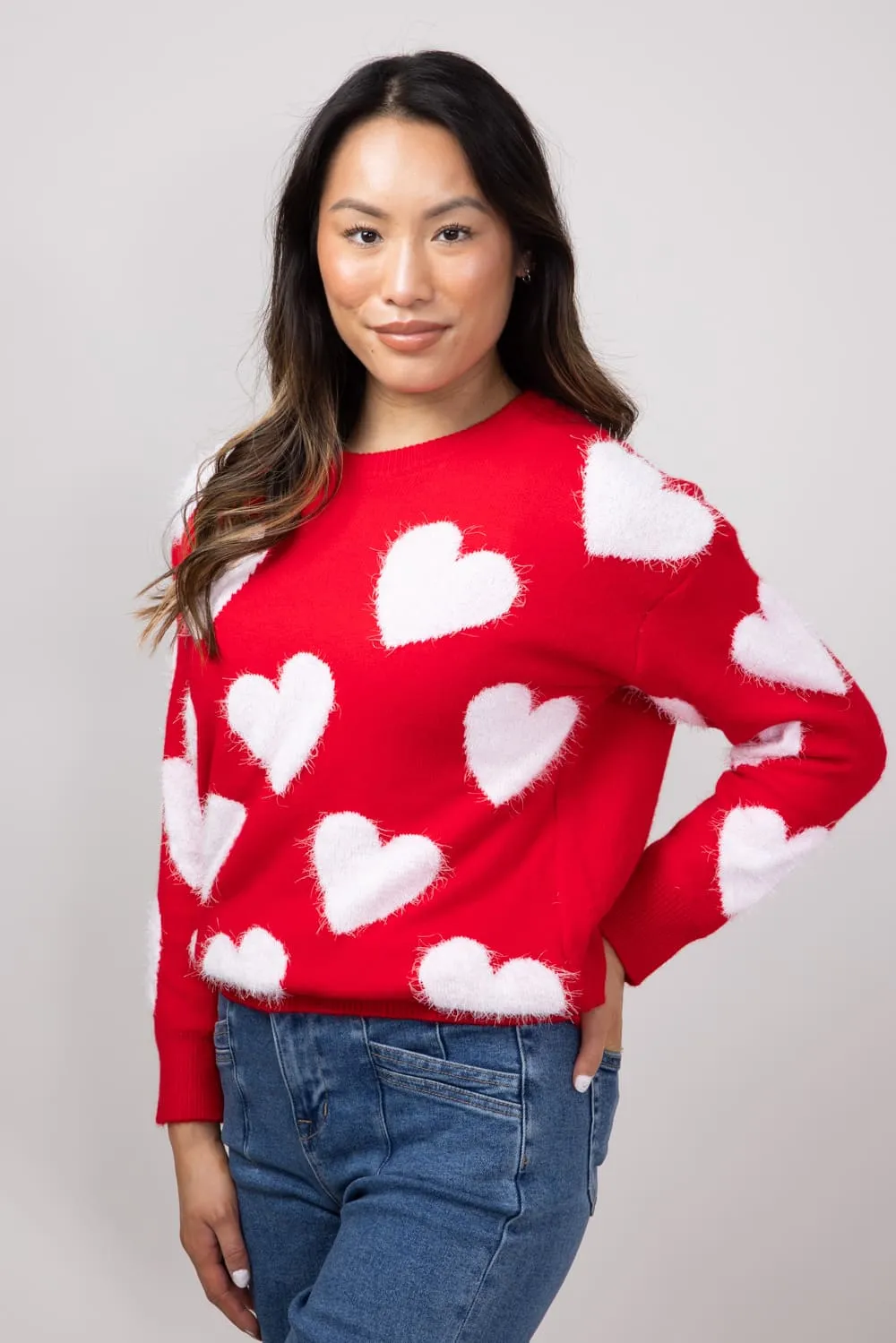 Simply Southern Fuzzy Heart Sweater for Women in Red | PP-0224-SWTR-FZY-VALRED