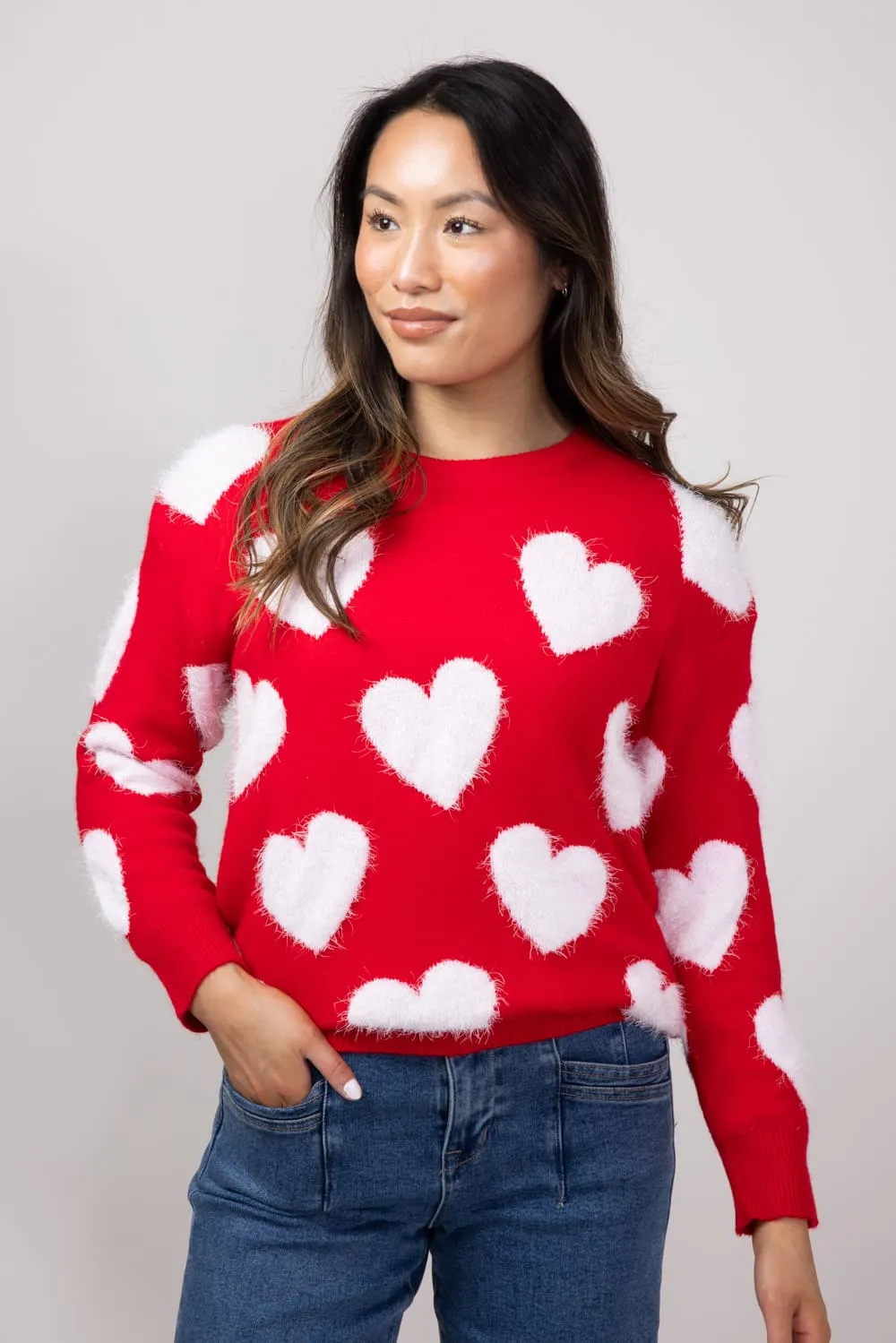 Simply Southern Fuzzy Heart Sweater for Women in Red | PP-0224-SWTR-FZY-VALRED