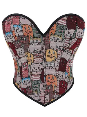 Strapless Cute Cat Pattern Boned Lace Up Overbust Corset Top