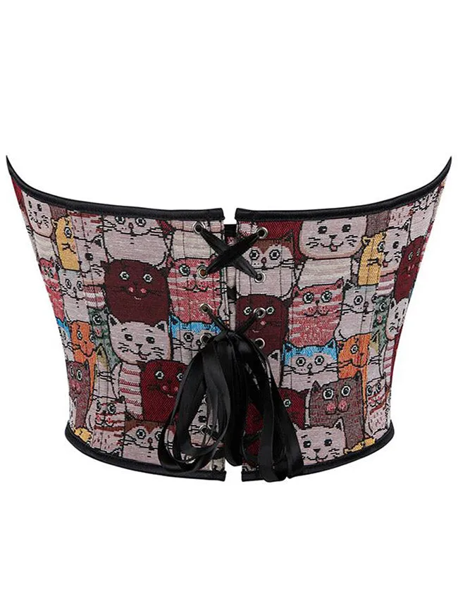 Strapless Cute Cat Pattern Boned Lace Up Overbust Corset Top