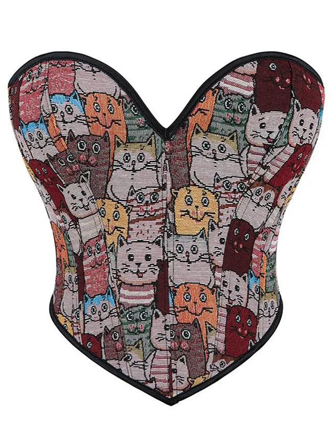 Strapless Cute Cat Pattern Boned Lace Up Overbust Corset Top