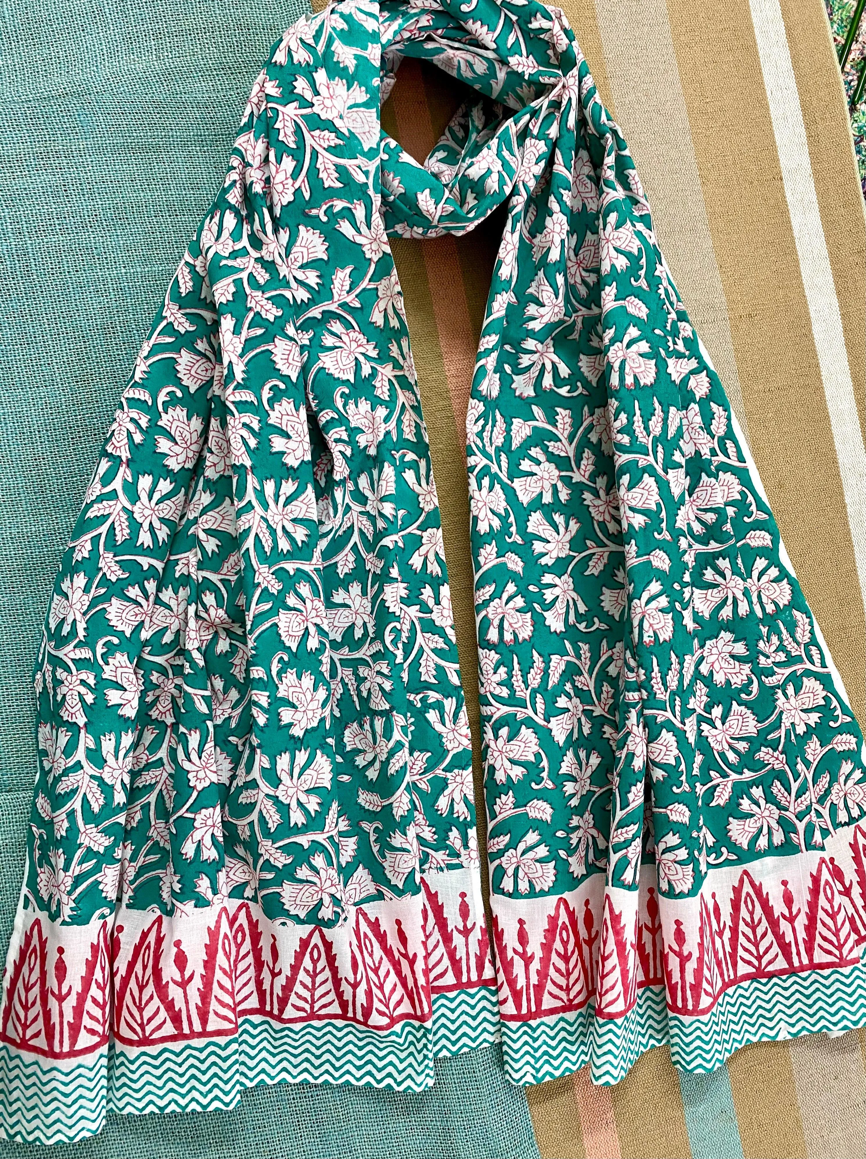 Teal Tango Kalamkari Block Printed Voile Cotton Scarf