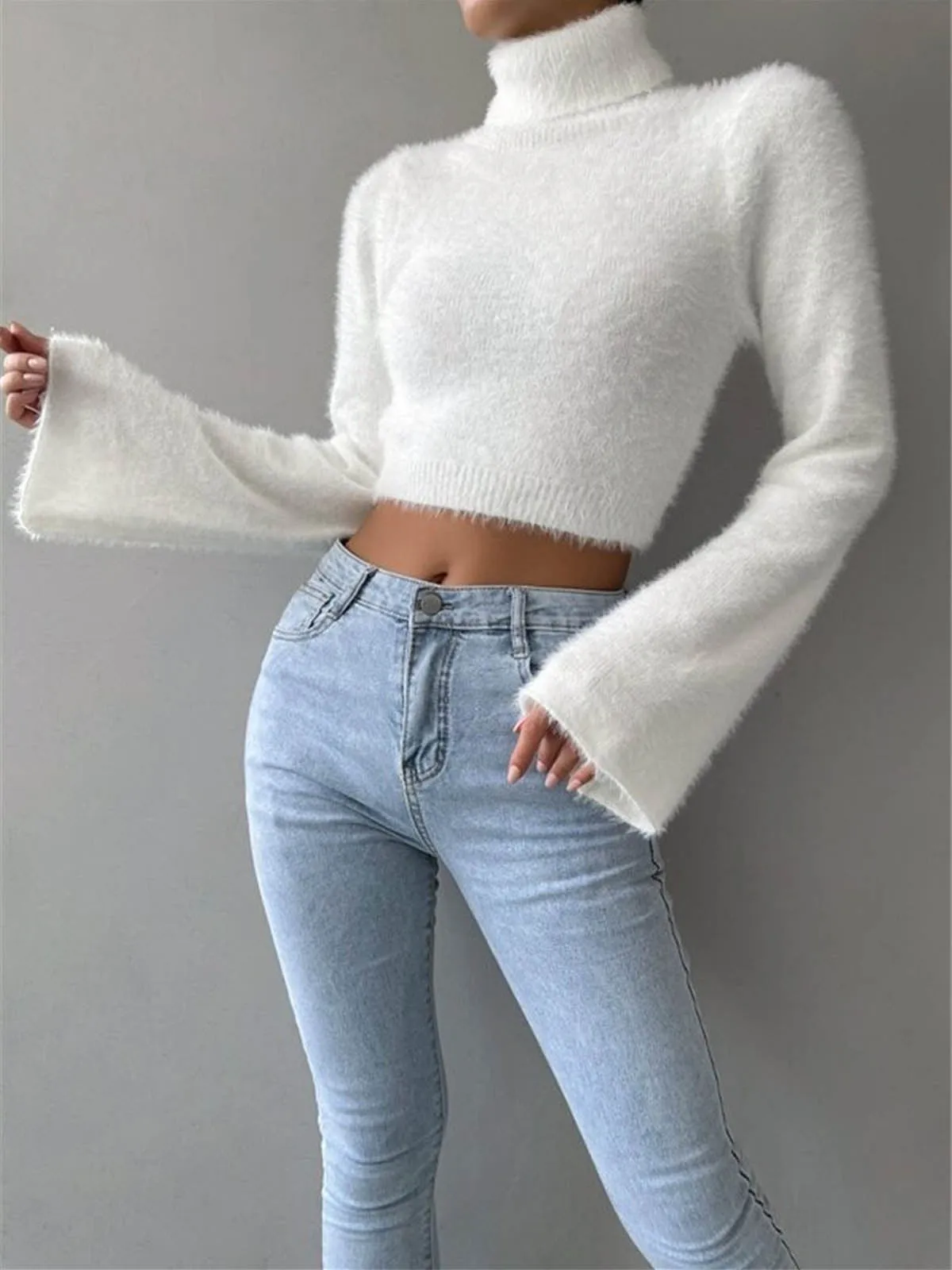 Turtleneck Fuzzy Crop Knit Top