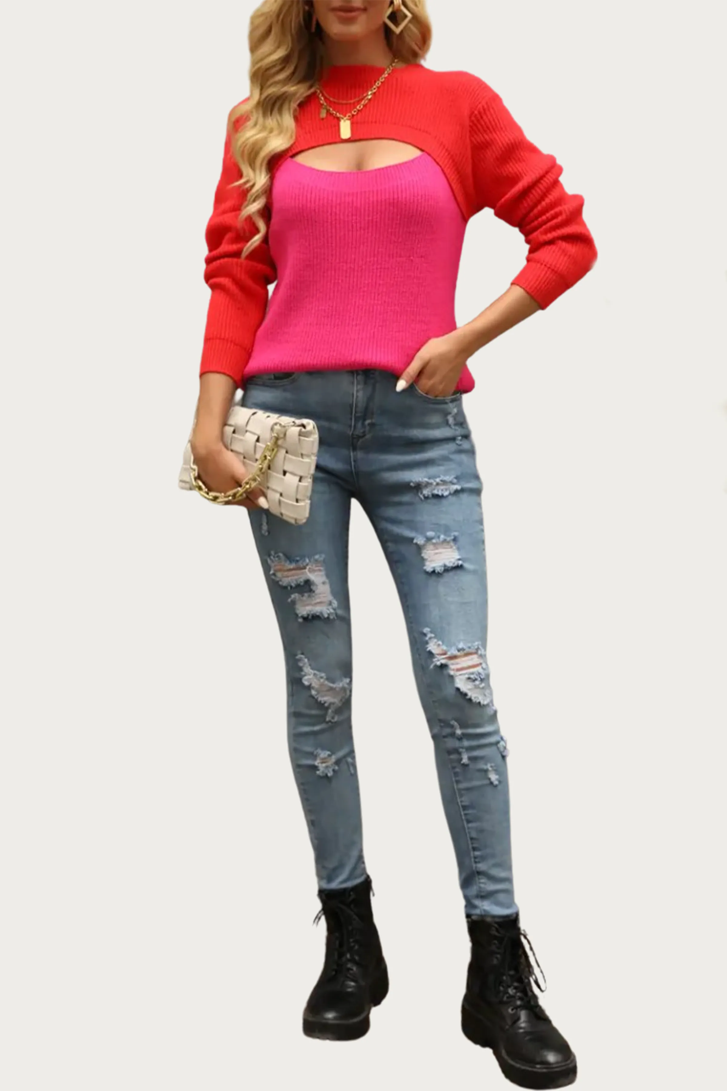 TWO-TONE COLORBLOCK CUTOUT SWEATER