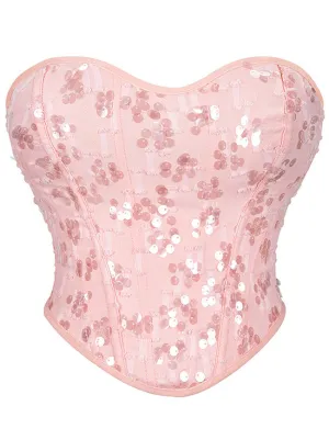 Vintage Strapless Sequin Boned Lace Up Overbust Corset Crop Top