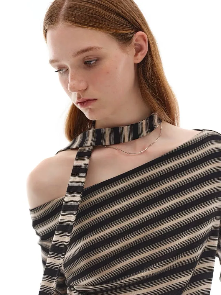 Vintage Striped Tencel Wool Knit Top with Draped Tie Detail