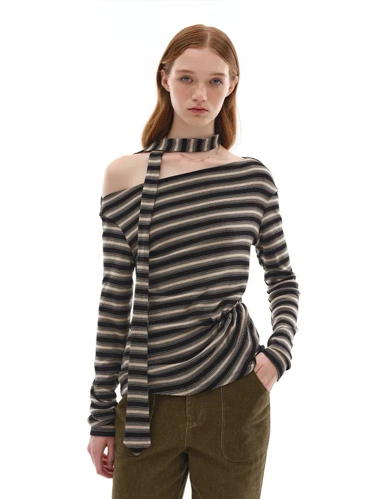 Vintage Striped Tencel Wool Knit Top with Draped Tie Detail