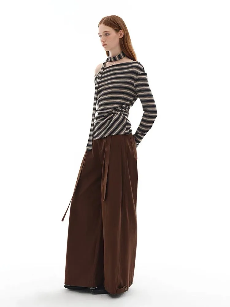 Vintage Striped Tencel Wool Knit Top with Draped Tie Detail