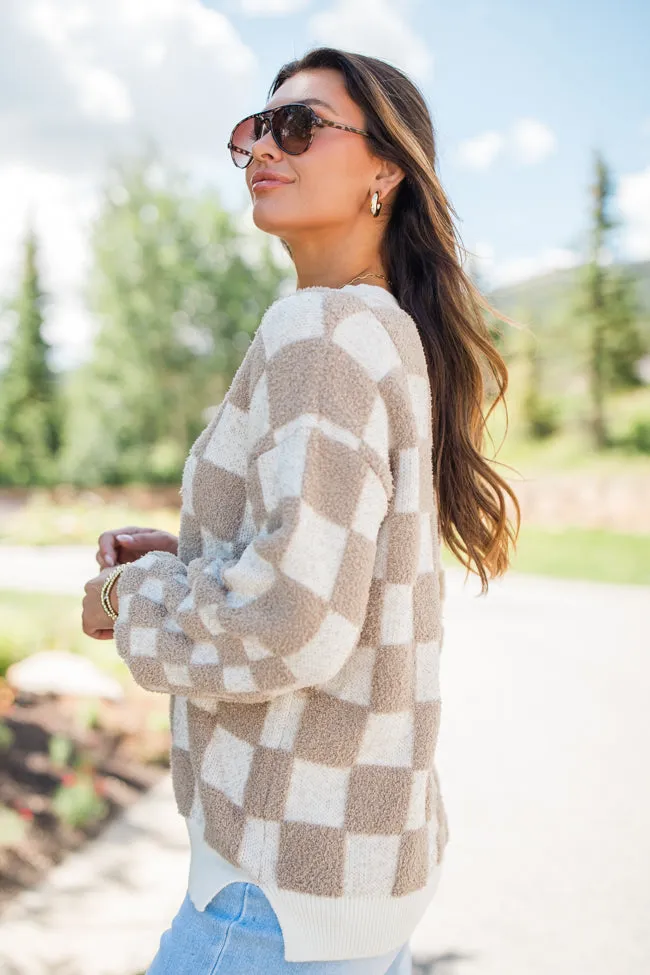 Warm Hearts Taupe Fuzzy Checkered V-neck Sweater  FINAL SALE