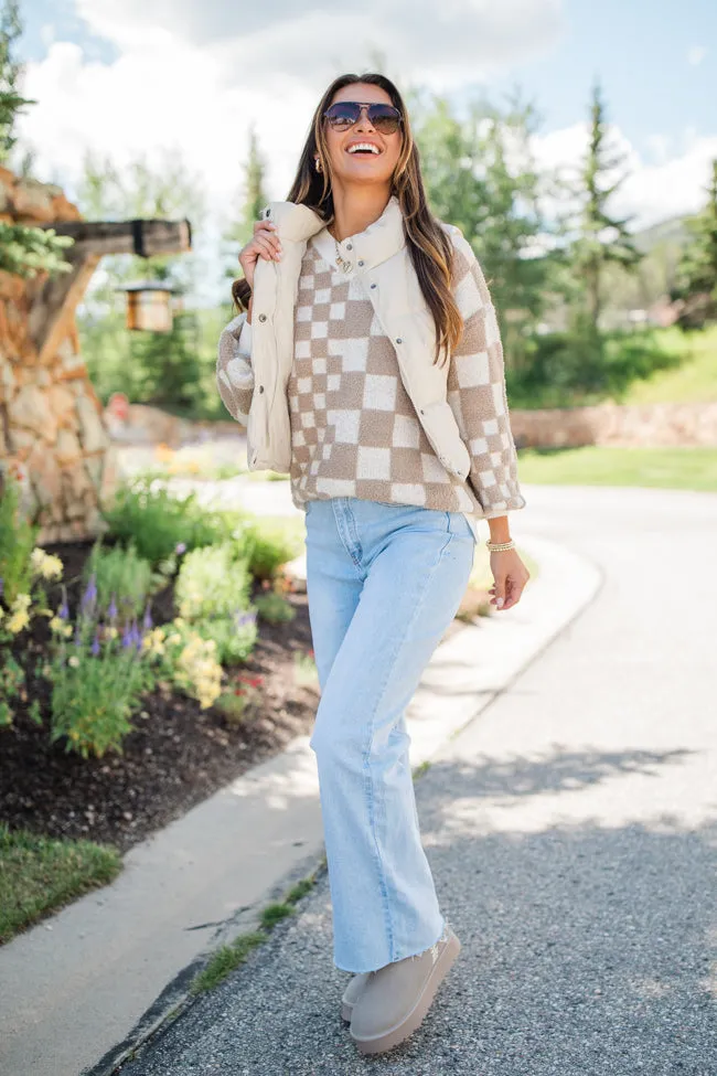 Warm Hearts Taupe Fuzzy Checkered V-neck Sweater  FINAL SALE