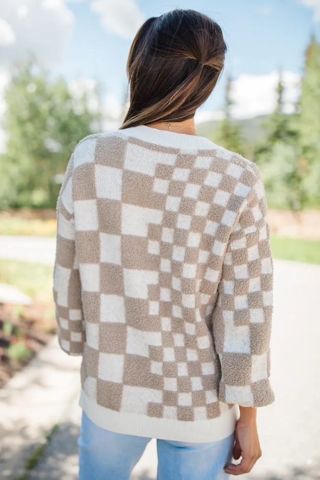 Warm Hearts Taupe Fuzzy Checkered V-neck Sweater  FINAL SALE