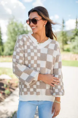Warm Hearts Taupe Fuzzy Checkered V-neck Sweater  FINAL SALE