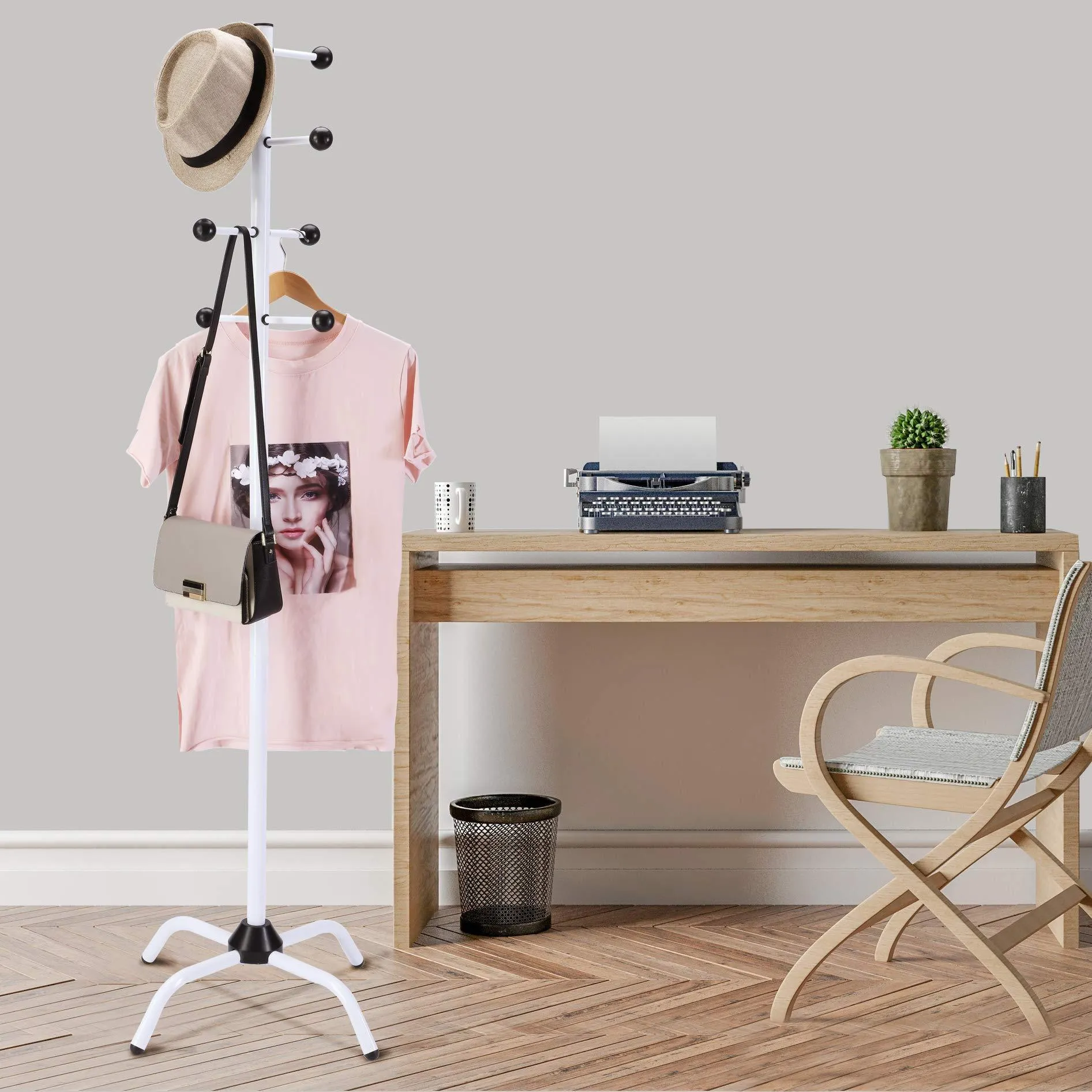 WILSHINE Coat Tree Rack Free Standing Coat Hanger Stand White Metal Modern for Office/Entryway with 8 Movable Hooks 4 Feet Base