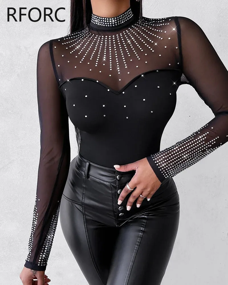 Women Sexy Solid Long Sleeves Contrast Mesh Patch Rhinestone Decor Bodysuits