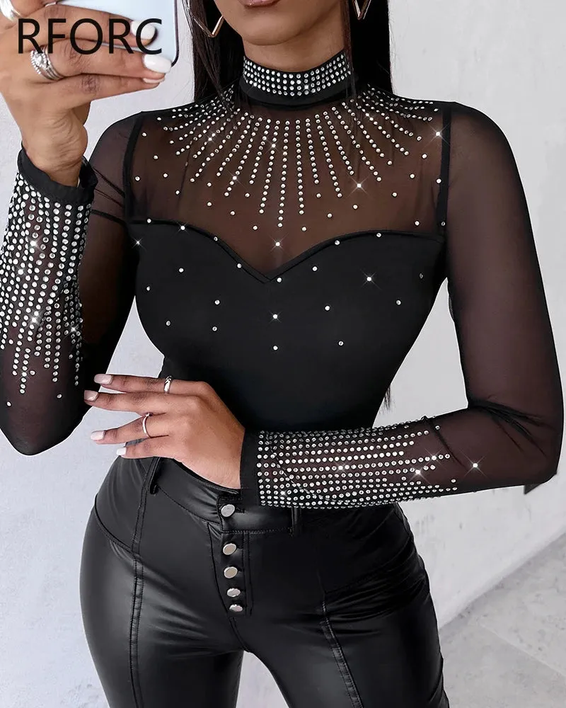 Women Sexy Solid Long Sleeves Contrast Mesh Patch Rhinestone Decor Bodysuits