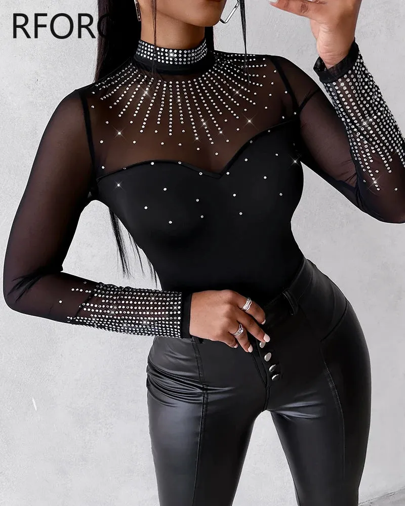 Women Sexy Solid Long Sleeves Contrast Mesh Patch Rhinestone Decor Bodysuits