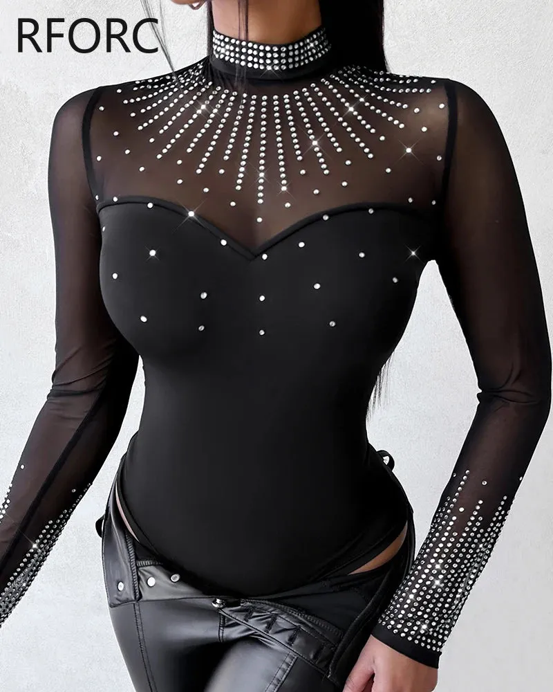 Women Sexy Solid Long Sleeves Contrast Mesh Patch Rhinestone Decor Bodysuits